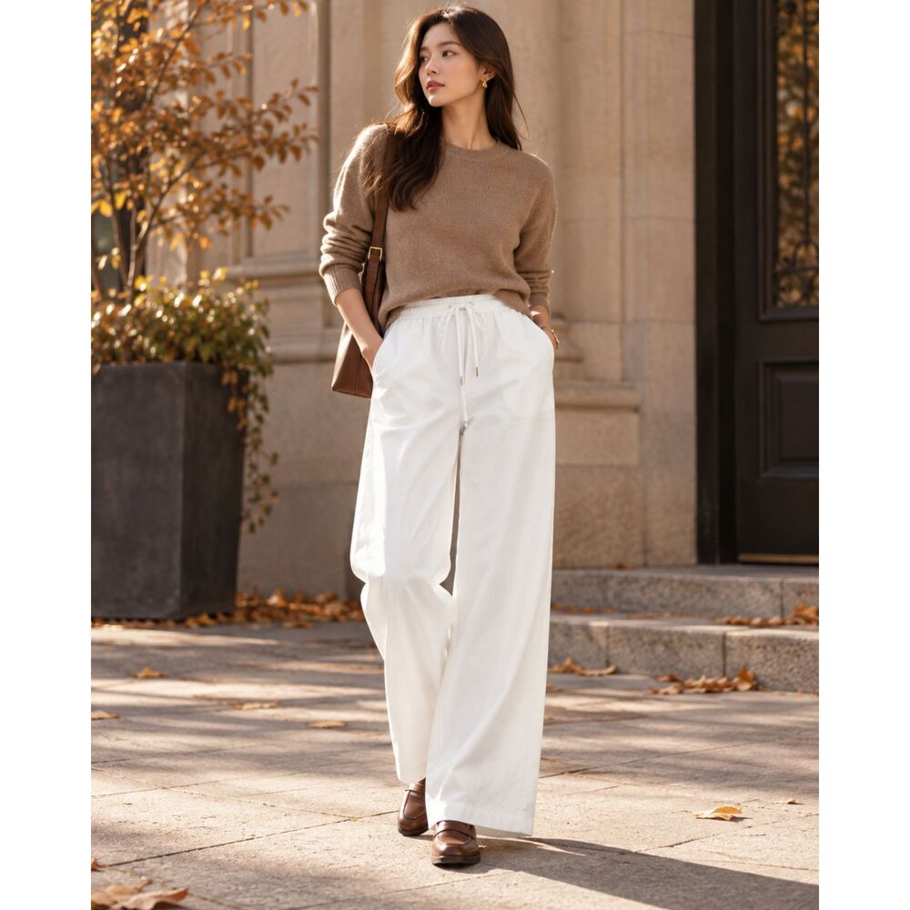 SIYAZU Women’s White Wide Leg Pants M NWT Elastic Waist Drawstring Korean
